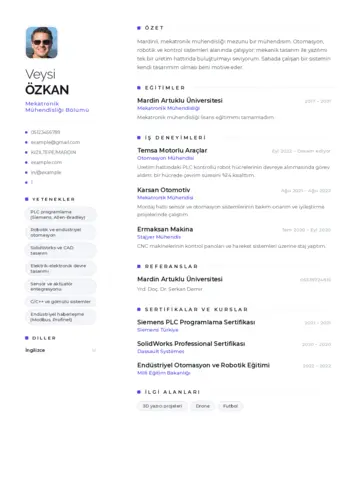 Mekatronik Mühendisliği Cv Örnekleri cv indir